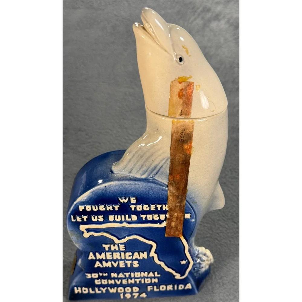 Vintage 1974 Ezra Brooks AMVETS Dolphin Decanter Hollywood Florida 30th National